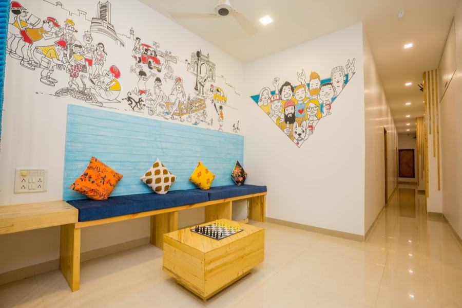 Mumbai skyline mural in the Nap Manor common hall